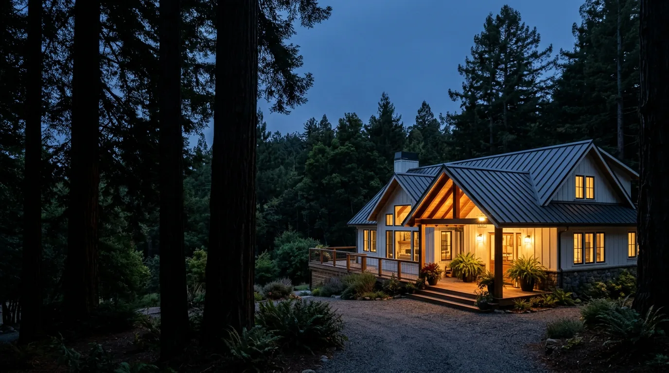 Finished dark metal roof on a warmly lit California redwood home at dusk