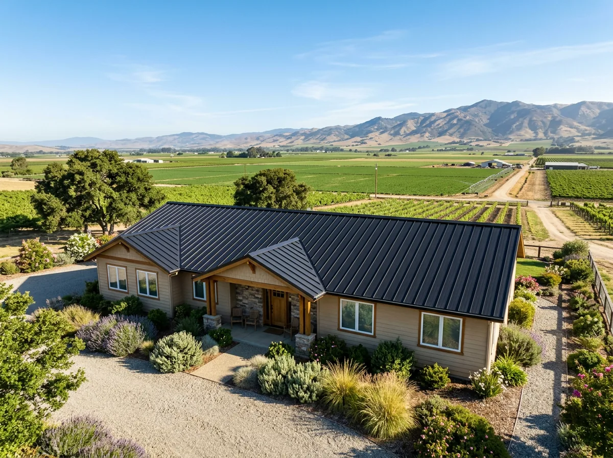 Matte black standing-seam metal roof on a ranch-style home in Salinas farmland
