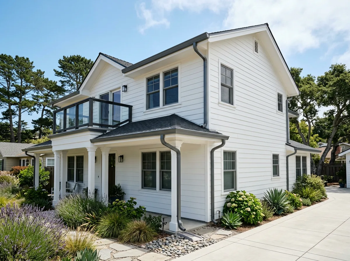 New seamless aluminum gutters and downspouts on a white two-storey home in Aptos