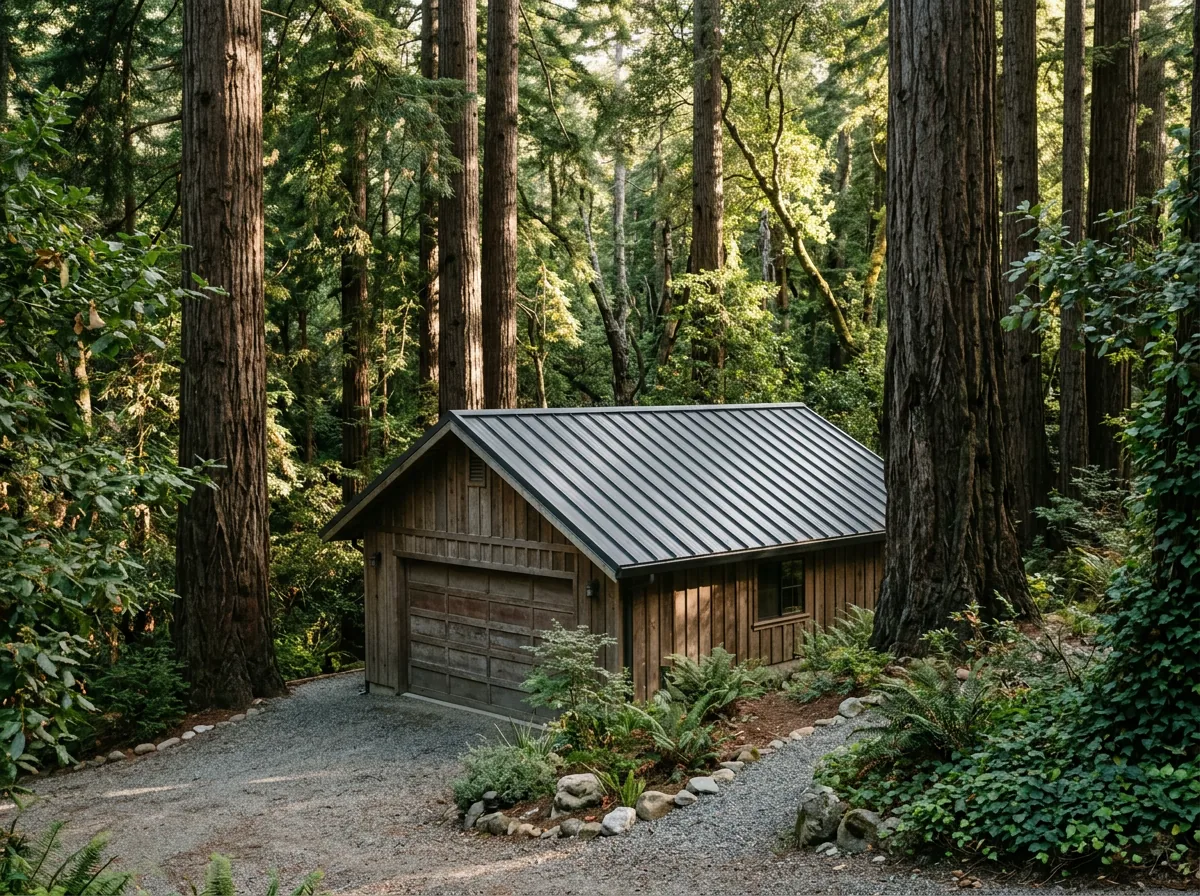 Graphite metal roof re-roof on a detached garage among redwoods near Santa Cruz