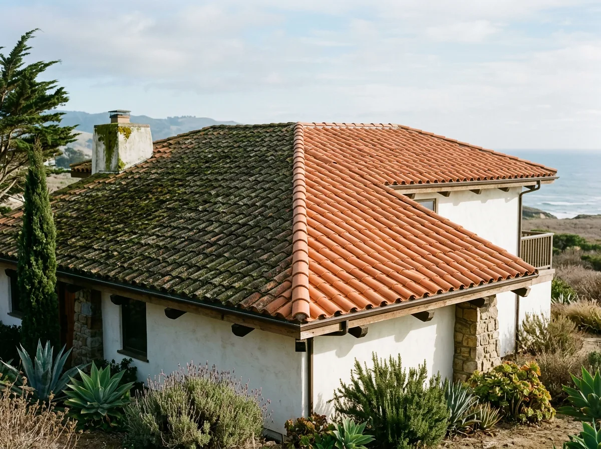 Half-and-half comparison of a tile roof freshly cleaned of moss on the coast